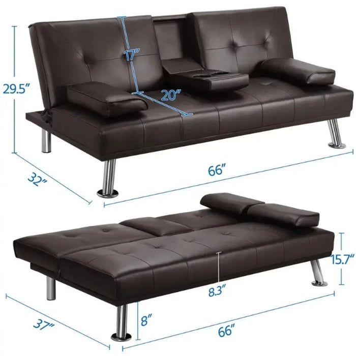 LuxuryGoods Modern Faux Leather Futon with Cupholders and Pillows, Espresso furniture living room living room furniture