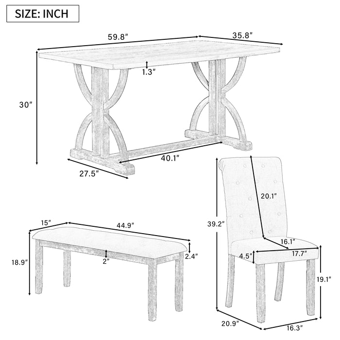 6-Piece Retro Rectangular Dining Table Set with Table,4 Upholstered Chairs,1 Bench for Dining Room,Gray Wash