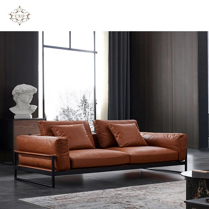 Italian Style Set Furniture Metal Frame Shape Corner 3 Seat Modern PU Leather Living Room Sofa