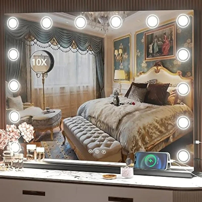 Makeup Mirror, Light up Mirror with 14 Dimmable LED Lights and 10X Magnification,  USB Charging Port, Black dresser