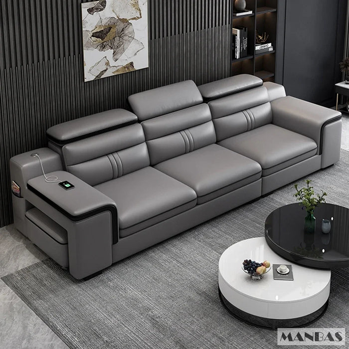 Leather Sectional Sofa Set with Cup Holder, USB, Adjustable Headrests & Bluetooth Speaker Living Room Couch with Stool