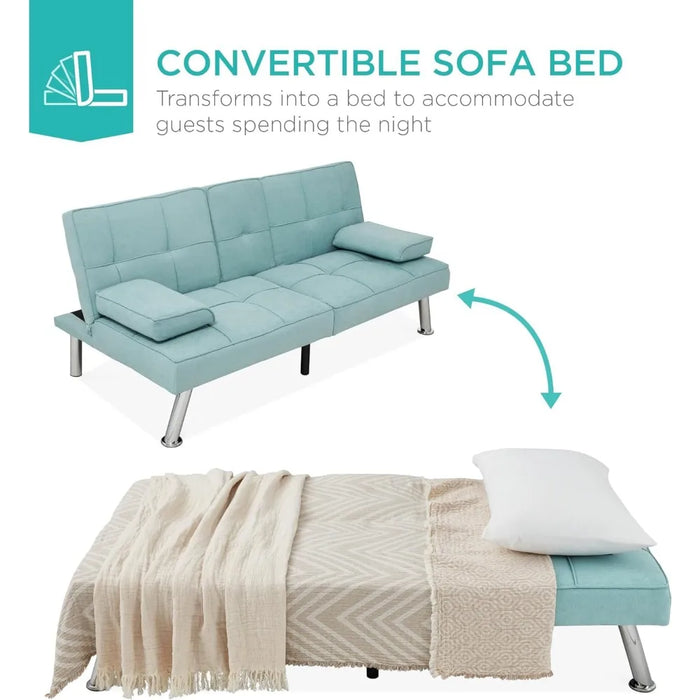 Living Room Sofas Linen Modern Folding Futon, Reclining Sofa for Apartment, 2 Cupholders Sofas