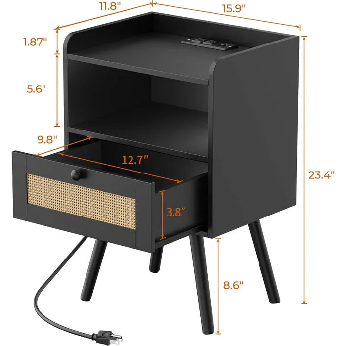 SUPERJARE Nightstands with Charging Station,Bedside Table Set of 2 with PE Rattan Drawers,Rattan Side Table with Storage & Solid