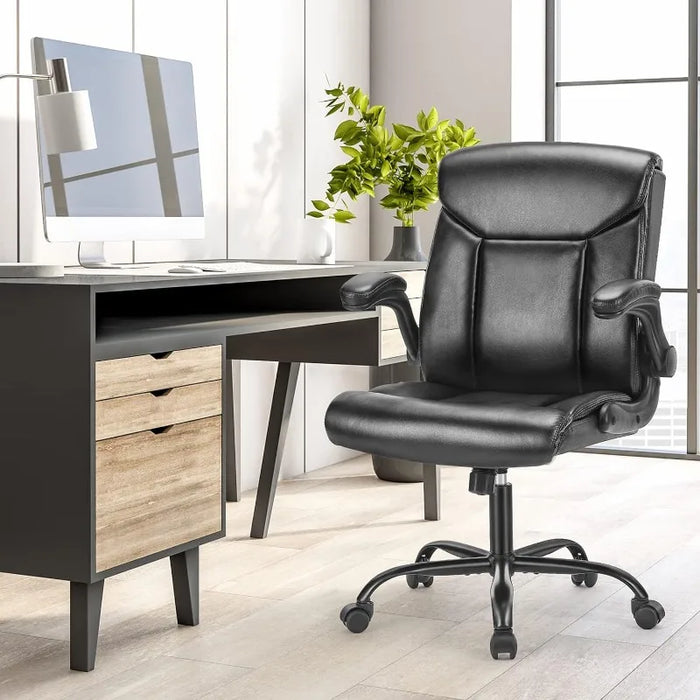 OLIXIS Mid Back Desk Office Flip-up Adjustable Office Chair, Dark Black