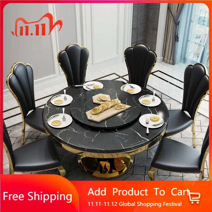 New Top Round Dining Table Set 6 Chairs Table With Turntable For Large Villa Restaurant  Modern Simple Stainless Steel Frame