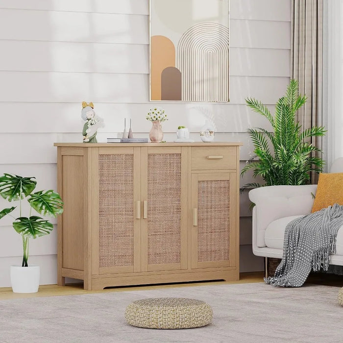 Irontar Kitchen Storage Cabinet, Sideboard Buffet Cabinet Rattan Decorated Doors, Farmhouse Console Table With Drawer