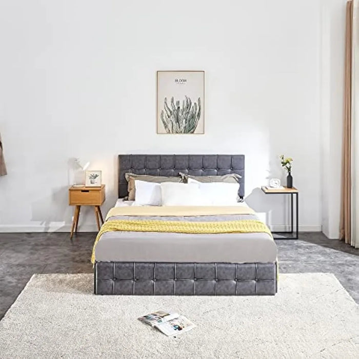 Upholstered Bed Frame Full Size with 4 Storage Drawers and Button Tufted Headboard, Comfort Adjustable Mattress Height, Grey