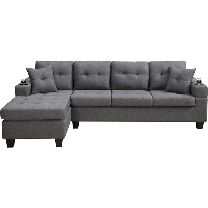 Modular Sofa with Double-sided Chaise Longue and Cup Holder, L-shaped 4-seat Sofa Furniture with 2 Pillows, Grey