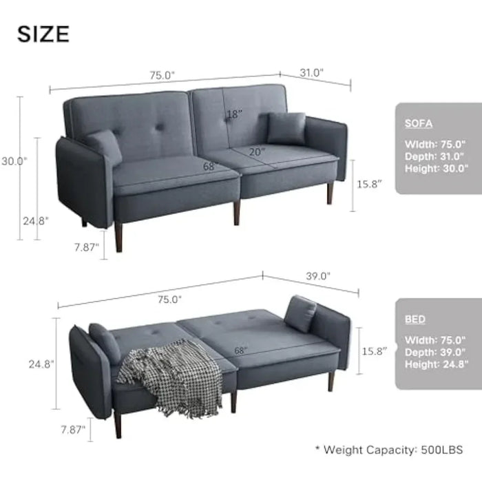 75" Modern Convertible Sofa Bed with 2 Pillows, 3 Angle Adjustable Backrests for Living Room and Bedroom (Grey)