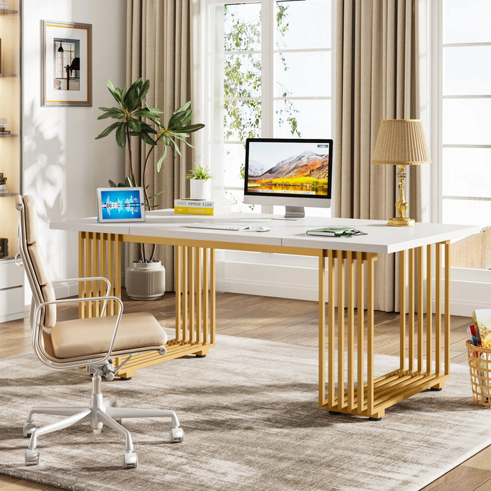 Tribesigns 70.9" Modern Office Desk, Wooden Computer Desk, White Executive Desk with Gold Metal Legs, Large Workstation for Home