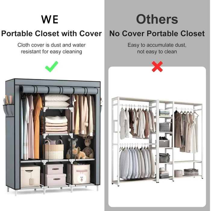 Portable Closet Wardrobe for Hanging Clothes, Sturdy Large Wardrobe Closet for Bedroom Free Standing Clothes Rack with Cover