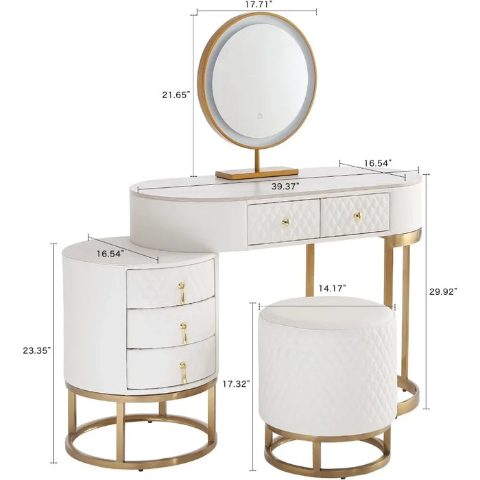 Faux Leather Vanity Desk with Mirror Makeup Table with Drawers & Vanity Stool, White Dressers