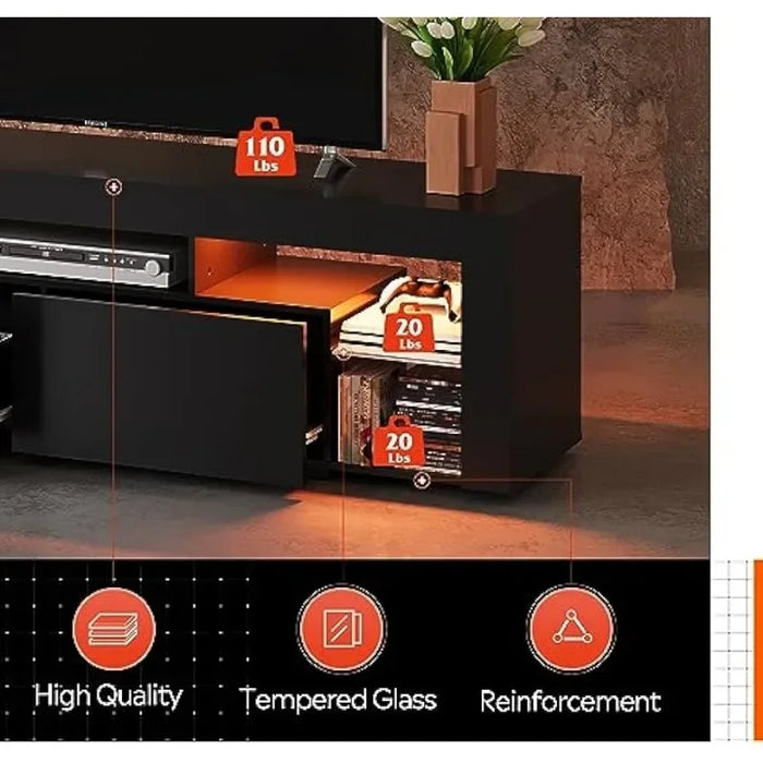 Wood TV Console with 2 Storage Drawers for Bedroom, Living Room, Gaming Media Stand with Display Glass