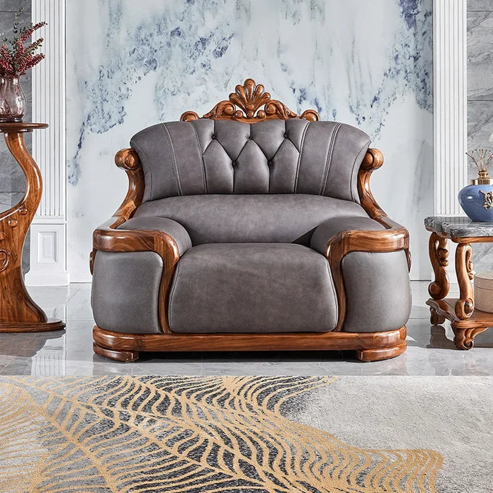 Leather Sofa Combination Solid Wood Sofa Gold Wood European Large and Small Villa Living Room Luxury Style High-end Black Fabric