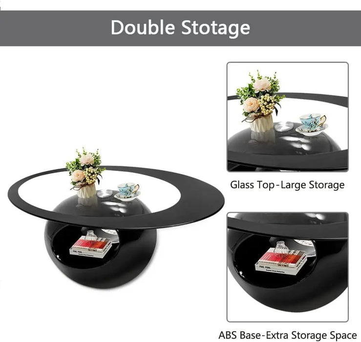 Black Oval Glass Coffee Table with Round Hollow Base-Modern End Side Coffee Table for Home Living Room Furniture