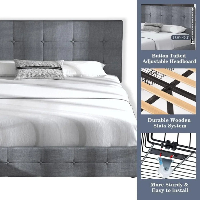 Upholstered Queen Size Platform Bed Frame with 4 Storage Drawers and Headboard Mattress Foundation, Light Grey