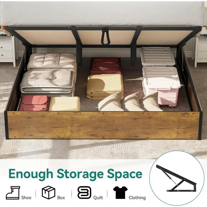 Lifting storage bed frame, bed frame with double storage shelf headboard, LED light platform bed frame with charging station