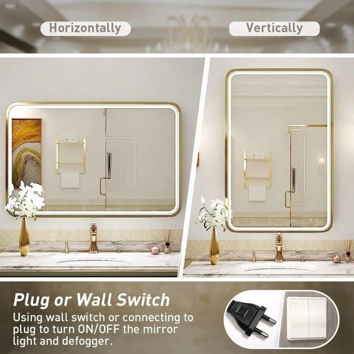 Bathroom Mirror, With Light, Wall Mounted Lighting Mirror, With Metal Frame Anti Fog Memory Function, Bathroom Mirror