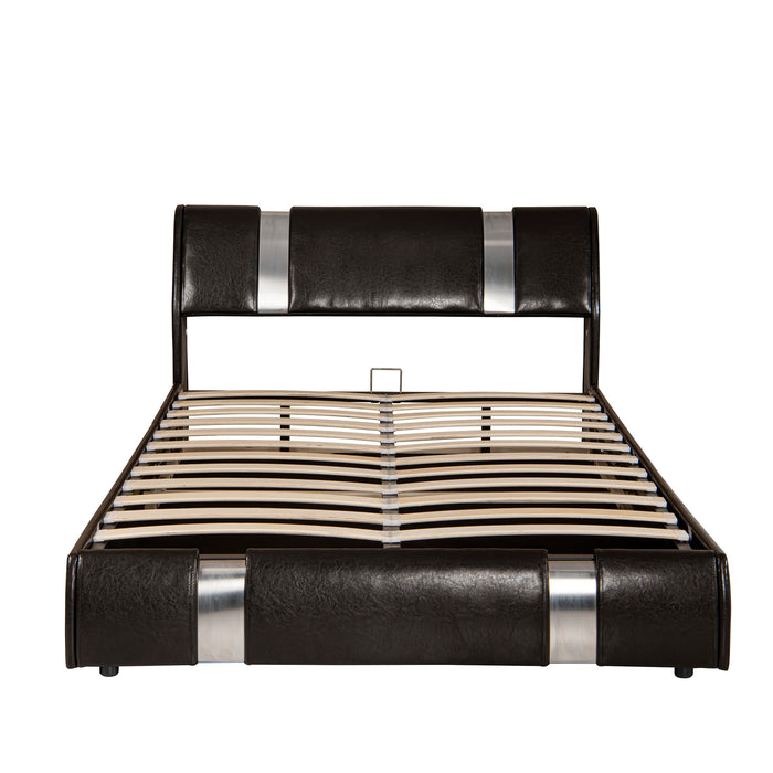 [Flash Sale]Queen/Full Size Upholstered Faux Leather Platform Bed with a Hydraulic Storage System Black/Chocolate[US-W]