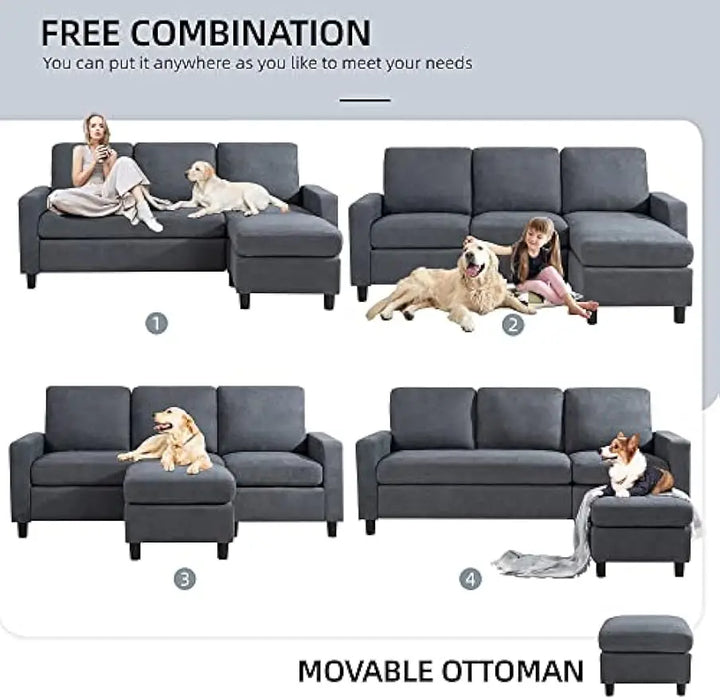 Modern Linen Fabric L-Shaped , 3-Seat Sofa Sectional with Reversible Chaise for Living Room, Apartment and Small Space