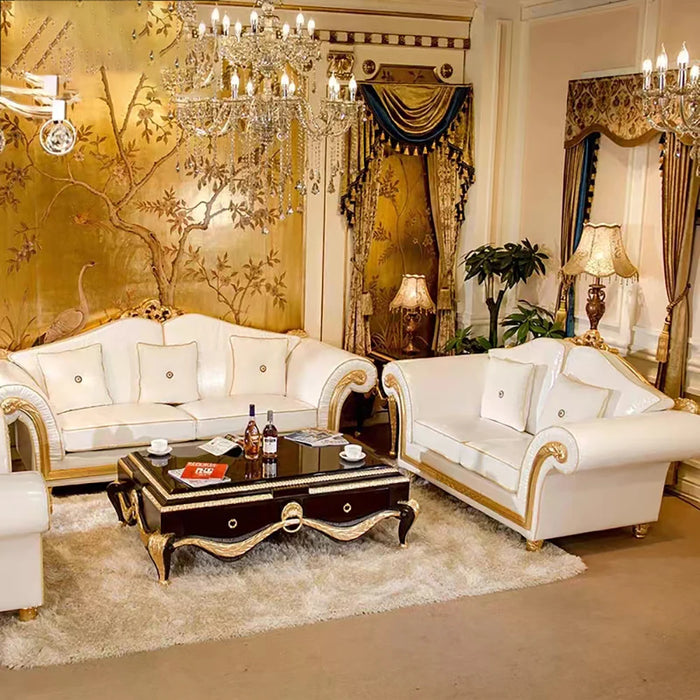 European style luxury combination sofa solid wood carving golden three person sofa whole leather large family ssttee