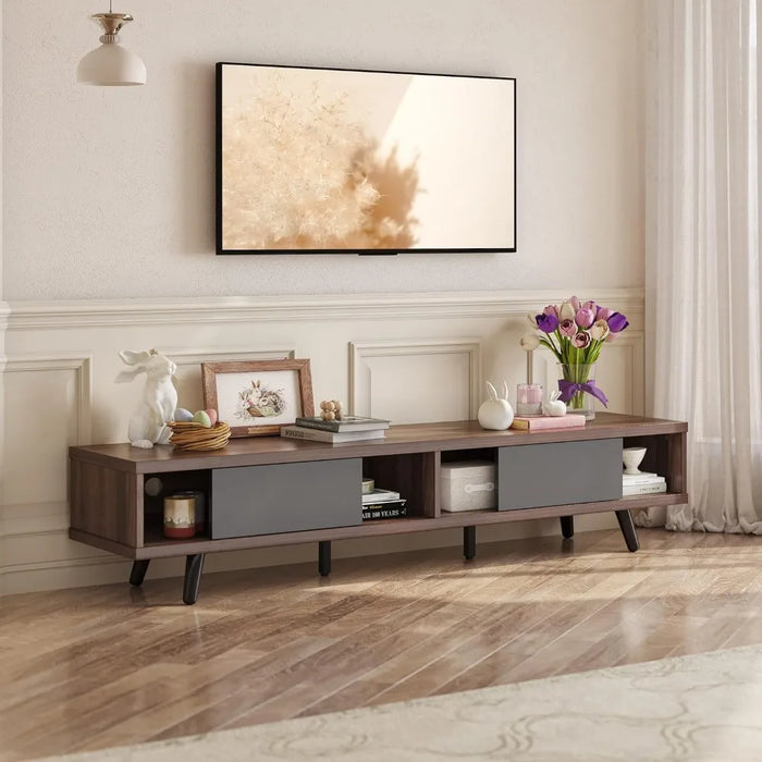 Low Profile TV Stand With Storage Living Room Tv Cabinet Cord Management Walnut Entertainment Center for Living Room Furniture