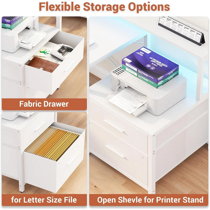 L Shaped Desk with File Drawer, 66" Reversible L Shaped Computer Desk with Power Outlet & LED Strip, Gaming Desk