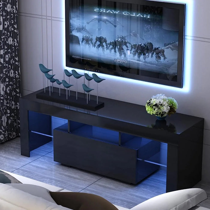 TV cabinet with LED lights and drawers, modern high gloss TV cabinet with 2 glass open shelves, living room TV cabinet