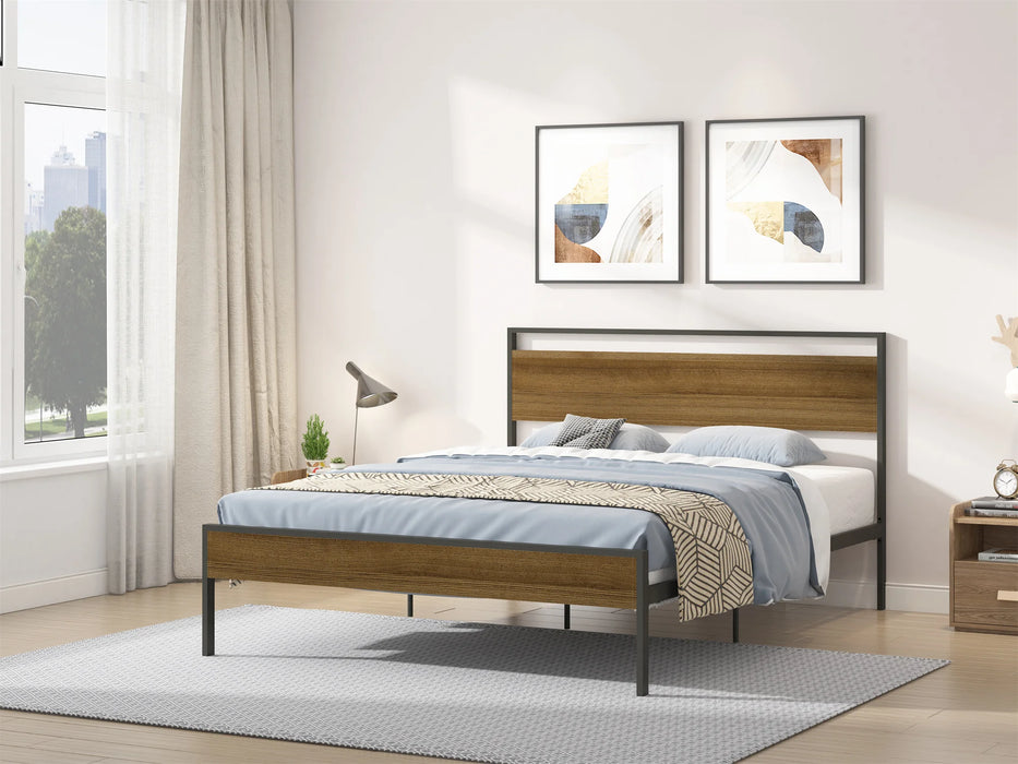 [Flash Sale]King/Queen Size Ceres Metal Bed Frame Black with Walnut/Cinnamon Wood Headboard&Footboard[US-W]