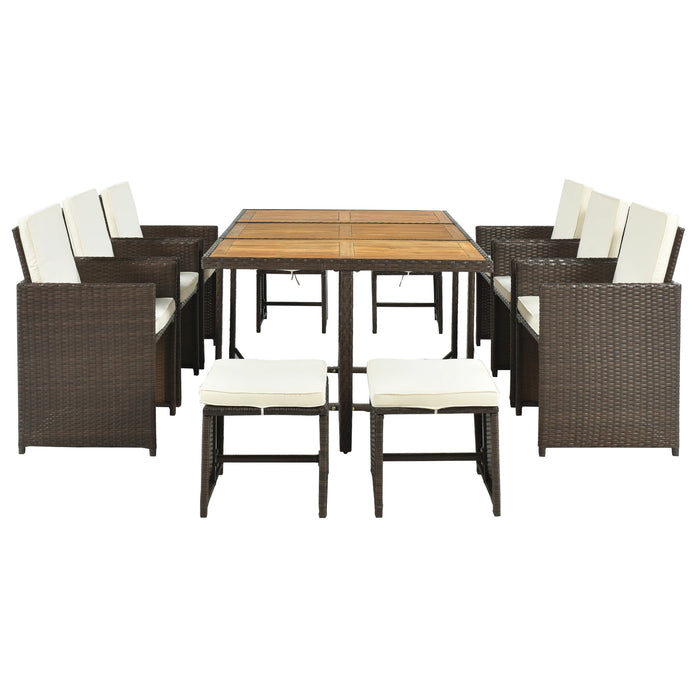 11-Piece Patio Furniture Set Patio All-Weather PE Wicker Dining Table Set with Wood Tabletop for 10 Brown Rattan+Beige Cushion