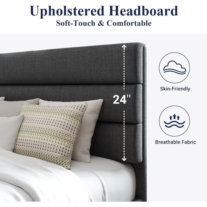 Platform Bed Frame with Fabric Upholstered Headboard and Wooden Slats Support, Fully Upholstered Mattress Foundation