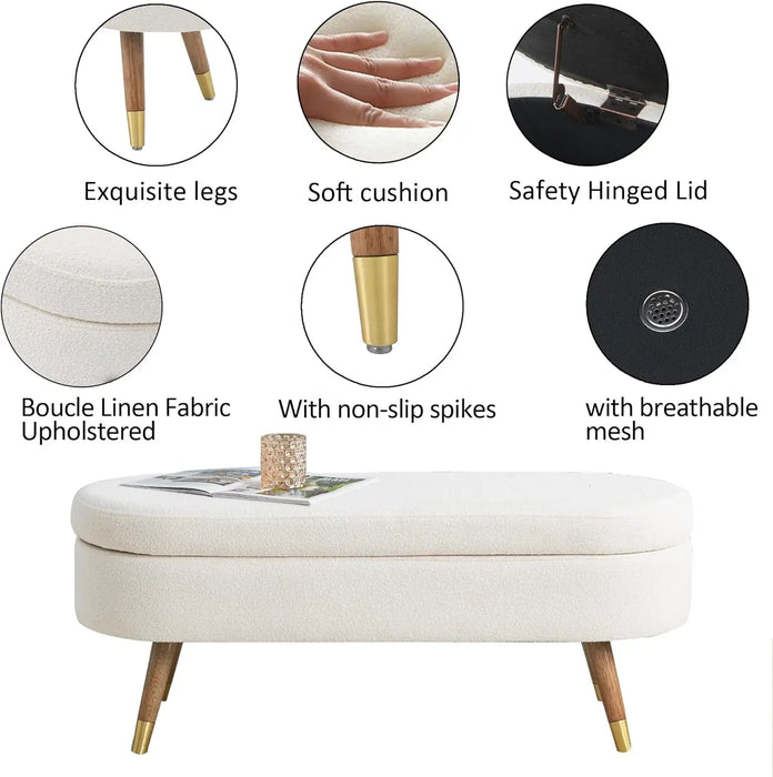 Storage Bench 43.5" Ottoman Bench Upholstered Boucle Fabric Footrest Bench with Golden Metal Legs End of Bed for Bed