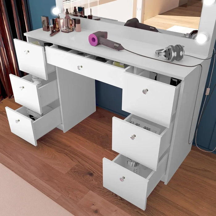 Yara Makeup Vanity Desk with Hollywood Vanity Mirror with Lights 7 Drawers, Non- Glass Top Vanity, Crystal Knobs