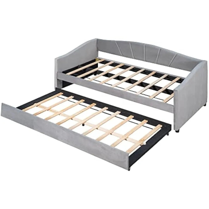 GJHOME Upholstered Daybed Sofa Bed Twin Size with Trundle Bed and Wood Slat,Gray