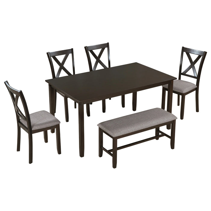 6-Piece Kitchen Dining Table Set Wooden Rectangular Dining Table, 4 Fabric Chairs and Bench Family Furniture