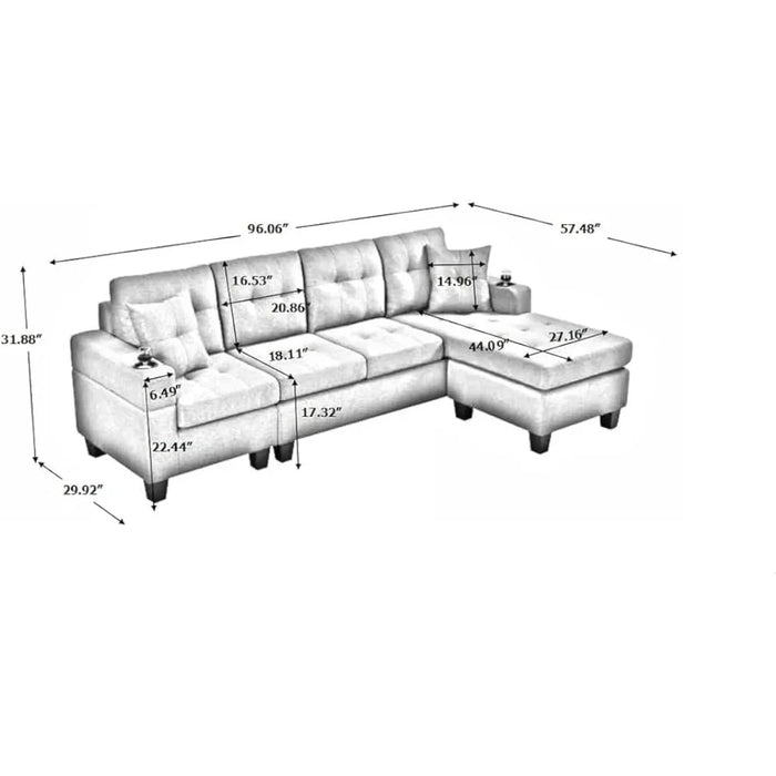 L-shaped Upholstered Modular Sofa with Reversible Chaise Longue and 2 Cup Holders, Modern Furniture Stylish Design, Black