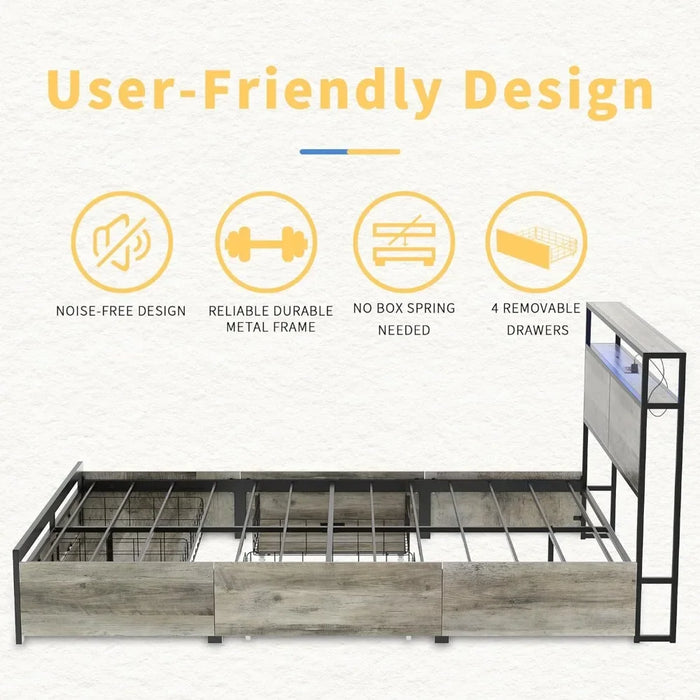 Bed frame with storage headboard and 4 drawers LED light metal platform noiseless mattress base with sturdy metal slats support