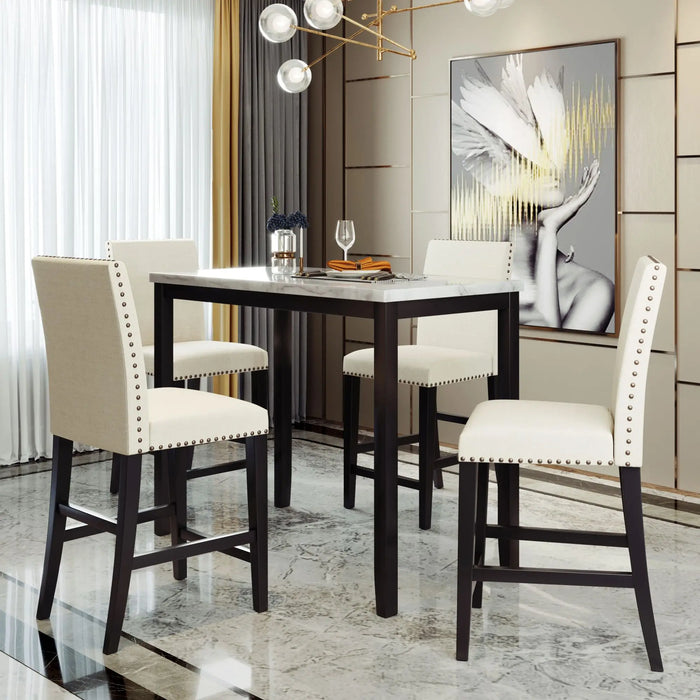 Chic 5-Piece Counter Height Faux Marble Modern Dining Set in Beige with Matching Chairs and Marble Veneer