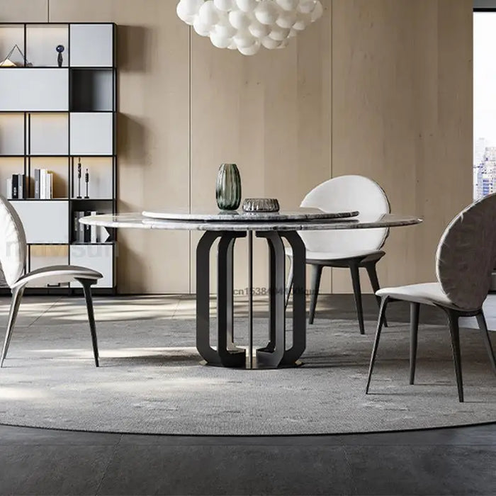 Modern Kitchen Furniture Table Set Natural Texture Marble Desktop Black Carbon Steel Frame Round Dinning Tables With Turntable