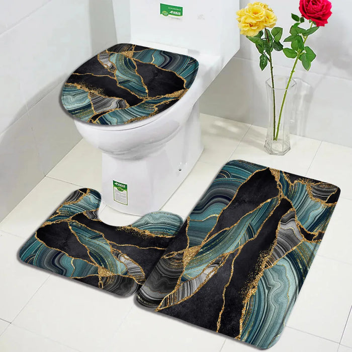 Abstract Blue Marble Bath Mats 3pcs Set Creative Gold Line Geometric Flannel Carpet Bathroom Decor Rug Non-Slip Toilet Cover Mat
