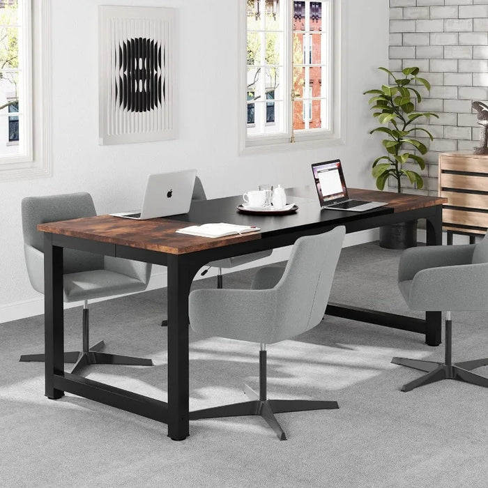 70.8”Executive Desk, Large Office Computer Desk with Thicken Frame, Rustic Brown/Black