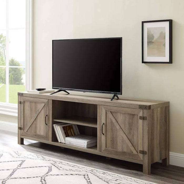 Modern double barn door TV cabinet, suitable for up to 80 inch TVs, with adjustable shelves, durable structure
