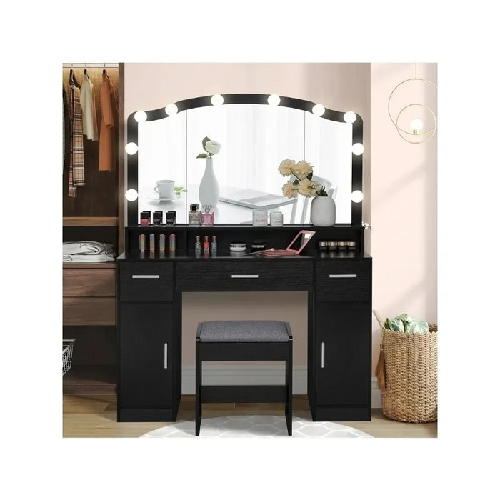 Dresser, 43.3" with Illuminated Mirrors, 10 LED Lights with 3 Drawers, 2 Cabinets and Long Storage Shelves with Stools, Dresser