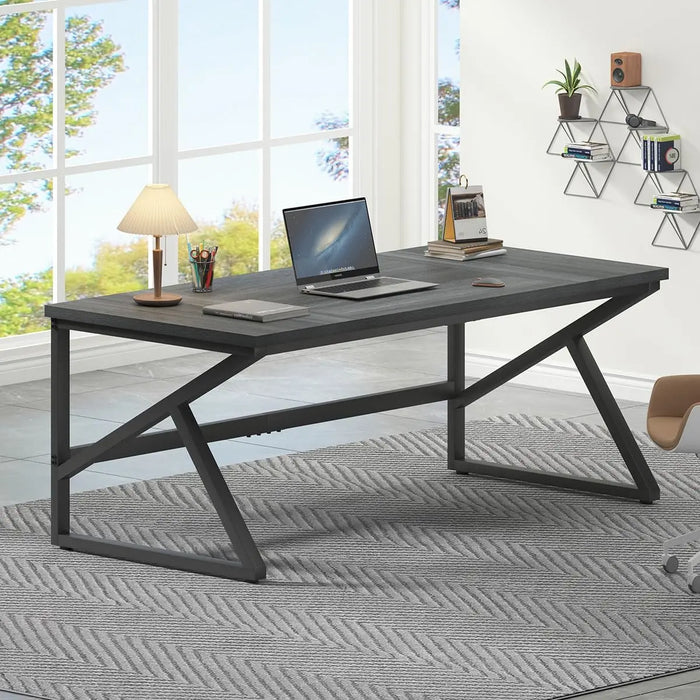 HSH Extra Long Computer Desk, Industrial Metal Wood Home Office Desk, Large PC Laptop Table for 2 Person Executive Writing