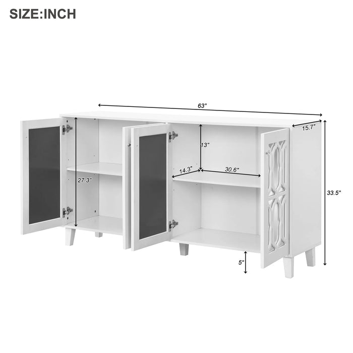 Buffet Cabinet with Adjustable Shelves, 4-Door Mirror Hollow-Carved TV stand for TVs Up to 65'', Multi-functional Console Table