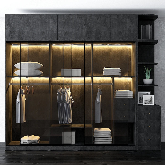 Luxury Minimal Glass Door Wardrobe Sensor Light Sliding Door Bedroom Modern Simple Sliding Door Integrated Wardrobe
