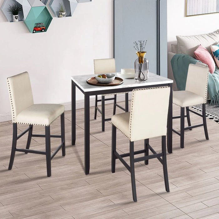 Chic 5-Piece Counter Height Faux Marble Modern Dining Set in Beige with Matching Chairs and Marble Veneer