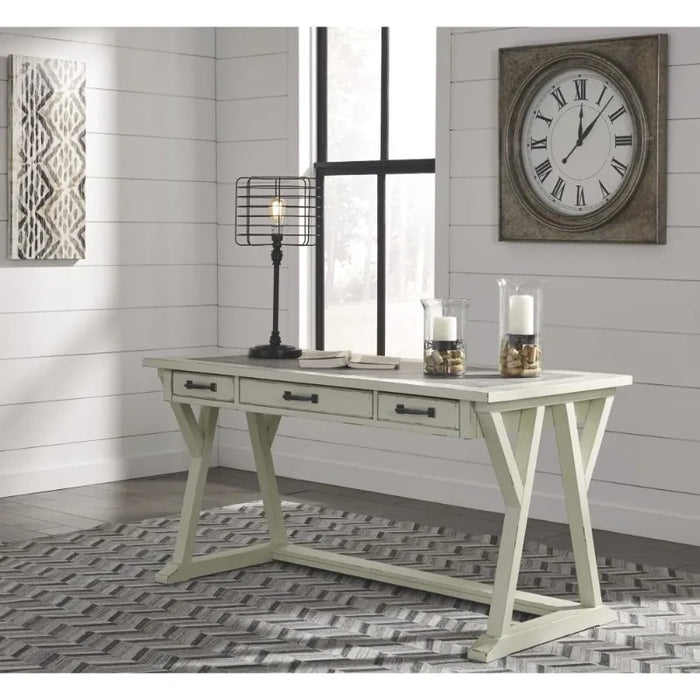 Design by Ashley Jonileene Farmhouse Home Office Desk with Drawers, White & Gray