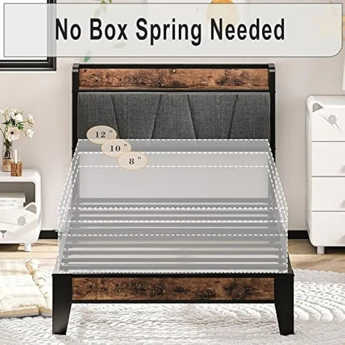 Twin Bed Frames, Storage Headboard with Charging Station, Solid and Stable, Noise Free, No Box Spring Needed, Easy Assembly
