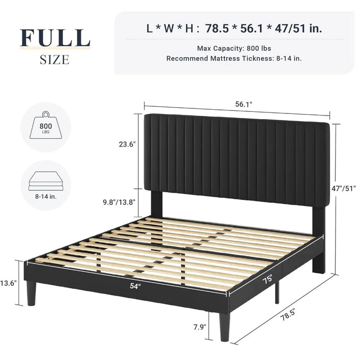 Allewie Full Bed Frame, Velvet Upholstered Platform Bed with Vertical Channel Tufted Headboard, Mattress Foundation